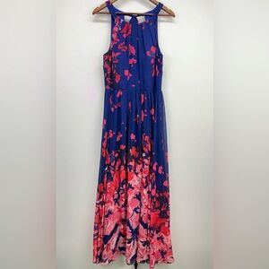 Betsy & Adam Sz 14 Women’s Blue Pink Floral Chiffon Sleeveless Halter Neck Gown